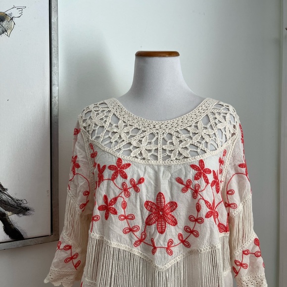 Oliver Orange & Ivory Embroidered Crochet Boho Top Size Small - Picture 2 of 9